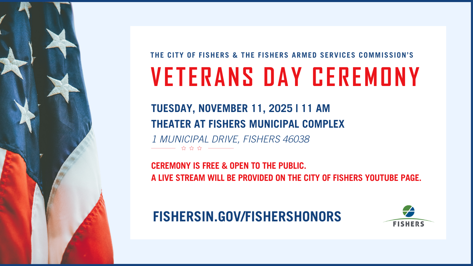veterans day event graphic featuring the american flag and same date and time as in caption
