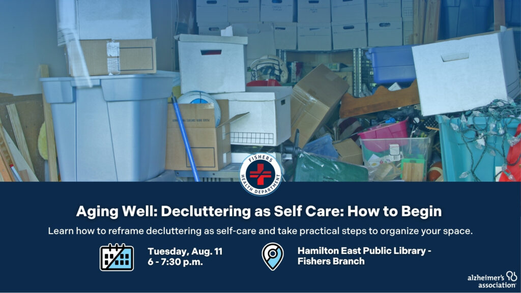 Promotional banner advertising the Aging Well: Decluttering as Self Care event, with date and library location over a cluttered storage photo.