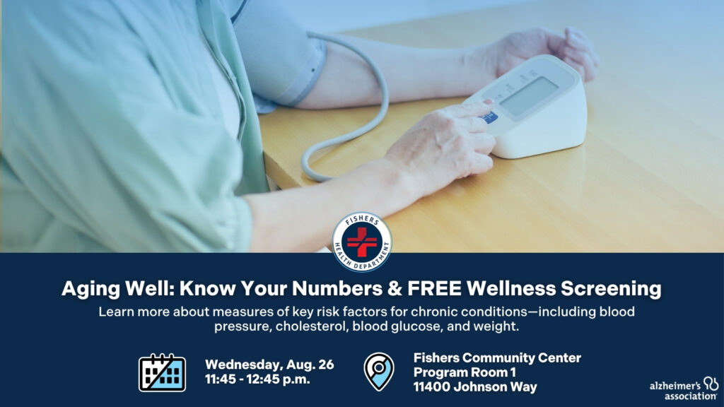 Arm with a blood pressure cuff using a digital monitor on a wooden table; promotional banner for Aging Well wellness screening event.