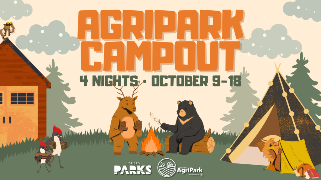 Promotional poster for AgriPark Campout with large orange lettering and a camping scene featuring bears, elk, owls, tents, and a campfire; dates read 4 nights, October 9–18.