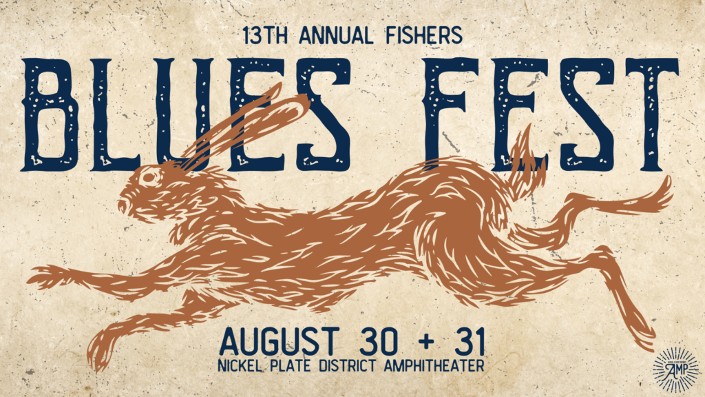 Poster announcing the 13th Annual Blues Fest with a running brown hare across a beige textured background; event at Nickel Plate District Amphitheater, August 30–31.