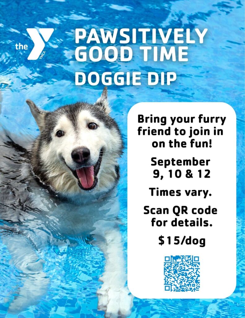 YMCA flyer for a dog swim event: dog in blue pool with bold text 'PAWSITIVELY GOOD TIME DOGGIE DIP' and a QR code area on the right.