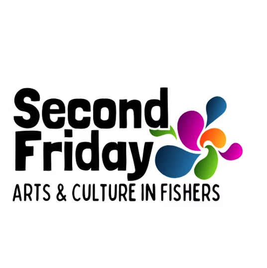 Second Friday Arts & Culture in Fishers logo with a colorful abstract flower motif on the right.