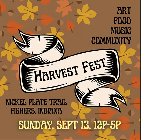 Fall-themed poster advertising Harvest Fest at Nickel Plate Trail, Fisher's, Indiana, with art, food, music, and community events.