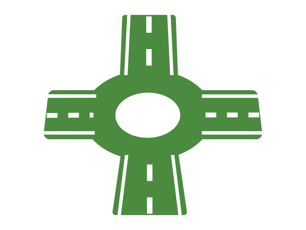 Green four-way road interchange with a central circular roundabout at the center of the cross