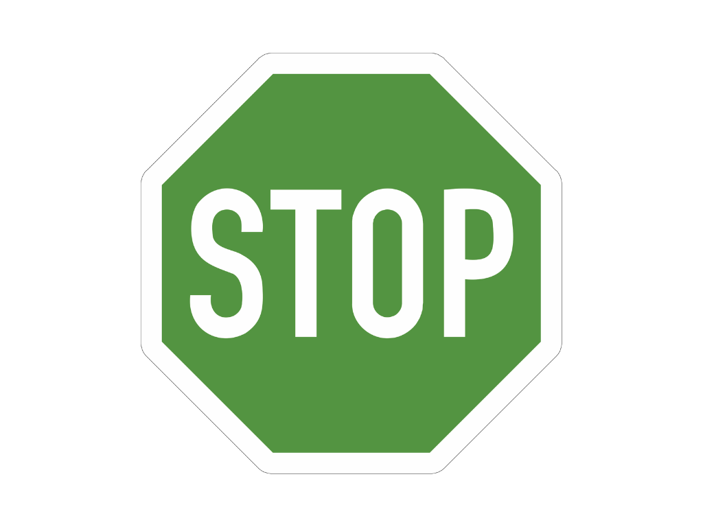 Green octagonal stop sign with white 'STOP' text indicating to halt ahead of traffic.