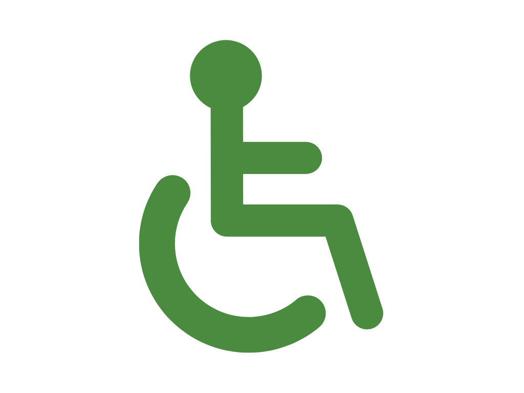 Green wheelchair accessibility icon on a white background, indicating disability access