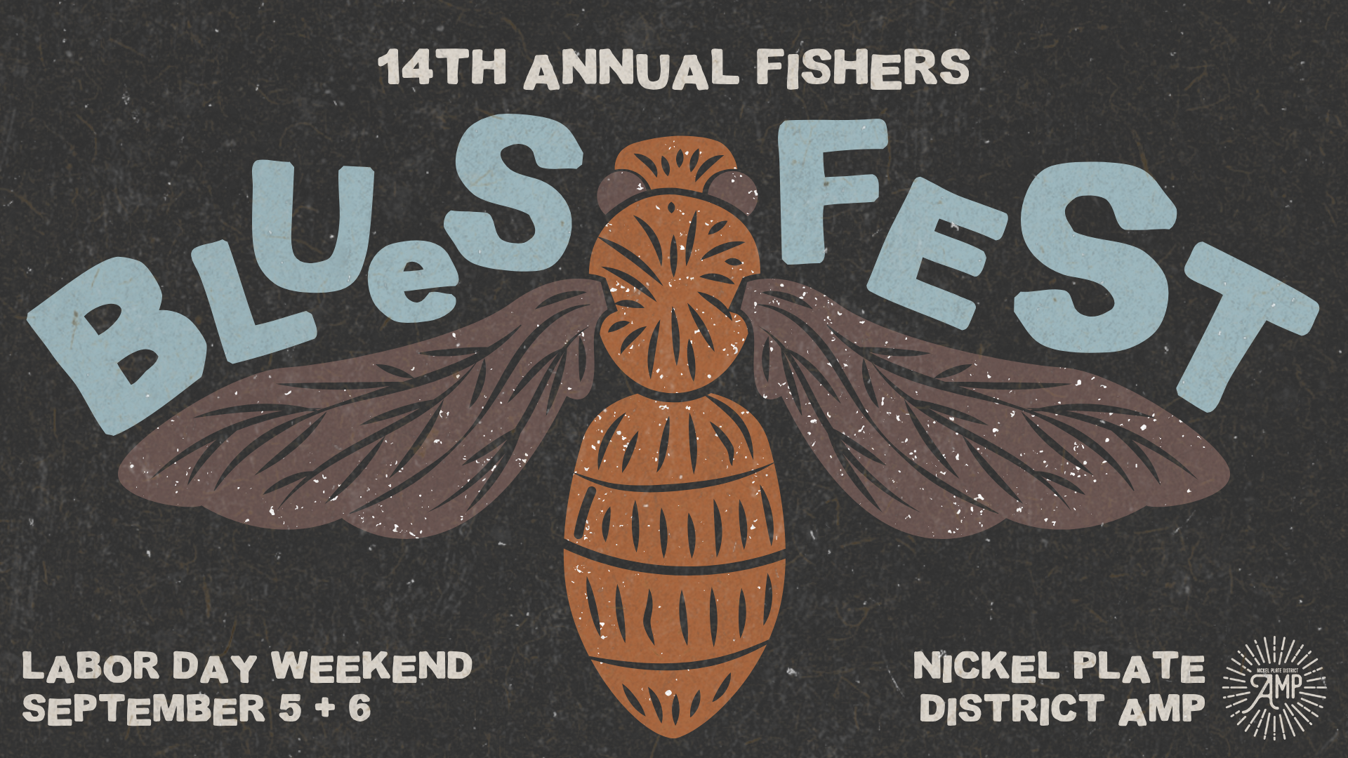Poster for 14th Annual Fishers Blues Fest featuring a large stylized orange mosquito and bold blue letters on a dark textured background, with event details at the bottom.