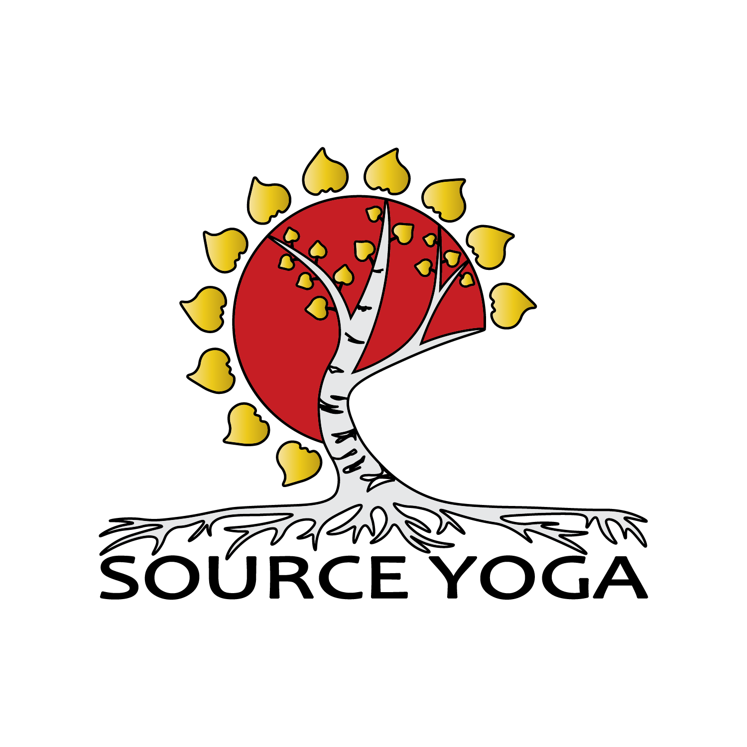 Source Yoga logo: a white birch trunk with a red circular canopy and yellow leaves, rooted above the text 'SOURCE YOGA'.