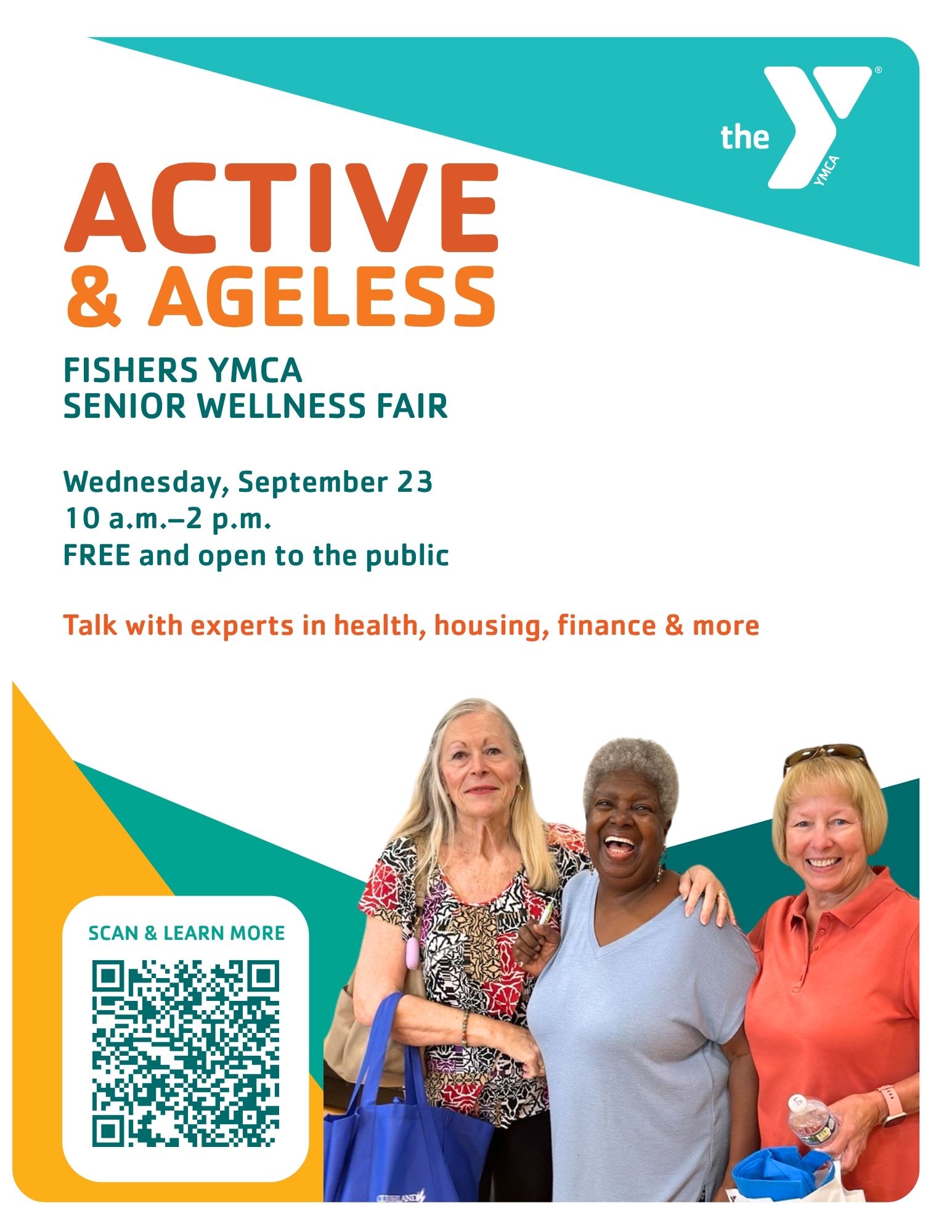 YMCA Senior Wellness Fair poster: 'Active & Ageless' with date, smiling seniors and a QR code.