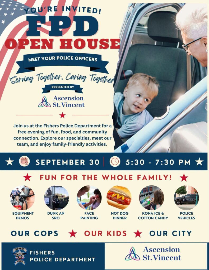 Promotional poster for Fisher’s Police Department Open House; features a woman leaning into a car with a child and event details.