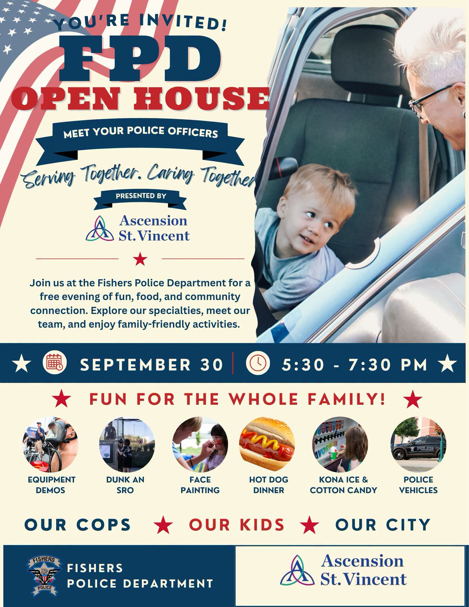 Promotional poster for Fisher’s Police Department Open House; features a woman leaning into a car with a child and event details.
