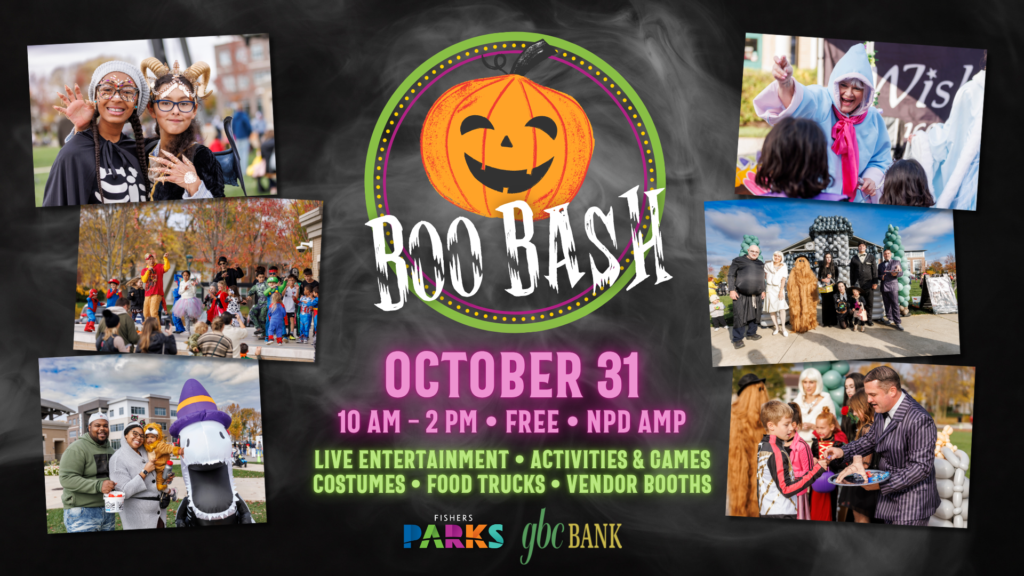 Poster for Boo Bash Halloween event with a pumpkin logo and collage of people in costumes; includes date and time details.